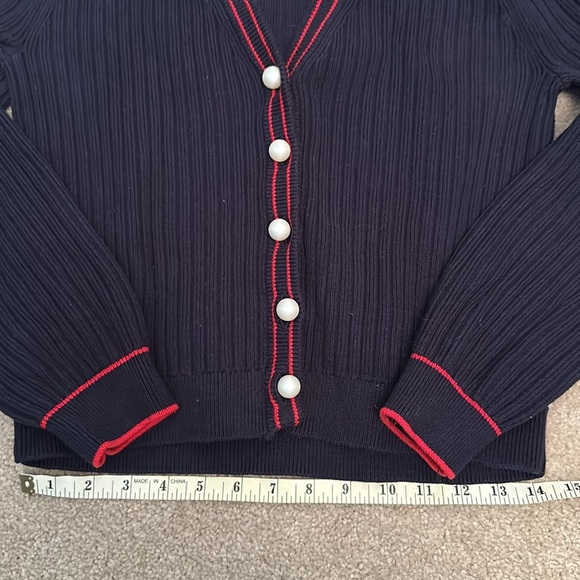 Talbots Navy Pearl Button Ribbed Knit Tennis Sweater Cardigan Size Small Petite - Picture 3 of 8